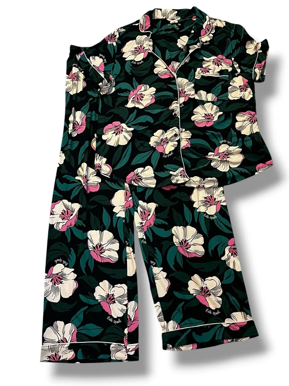 Kate Spade Pajamas 2 piece Set Blossom Floral Print Navy Pink Large/XL Soft Knit